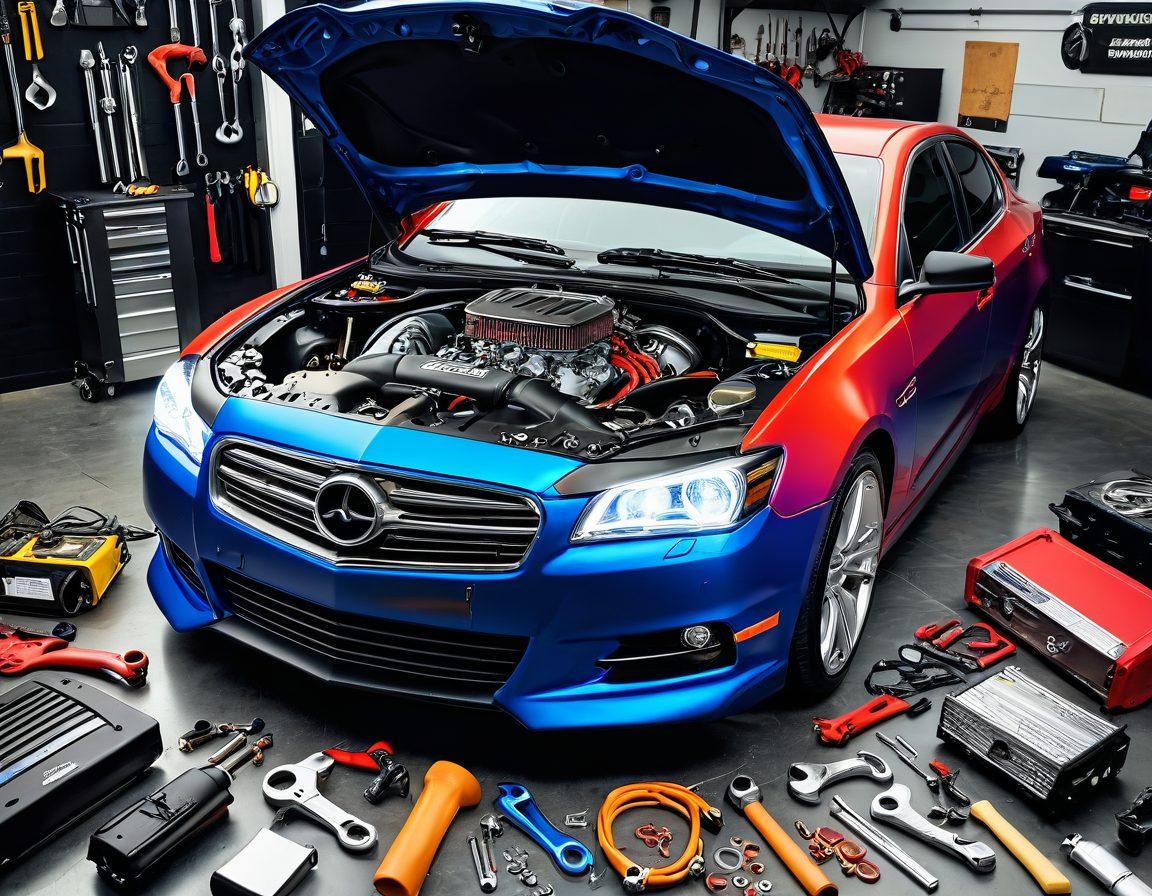 A dynamic scene showcasing a sleek, modern car with a partially open hood, revealing a high-performance engine. Tools like wrenches and tuning gadgets are scattered around, emphasizing the tuning process. The background features a garage filled with mechanic tools and vibrant charts of engine performance metrics. Bright lighting creates an energetic atmosphere, inviting readers into the world of car enhancement. super-realistic. vibrant colors. 3D.