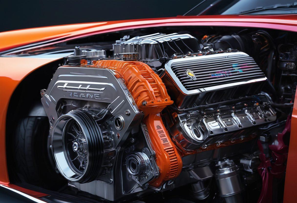An intricate close-up of a sleek car engine, showcasing vibrant performance parts and tuning components, with tools scattered around hinting at customization. Include neon lights reflecting off the metal surfaces, conveying a sense of power and precision. The background should feature a garage setting with posters of tuned cars on the wall. super-realistic. vibrant colors. 3D.
